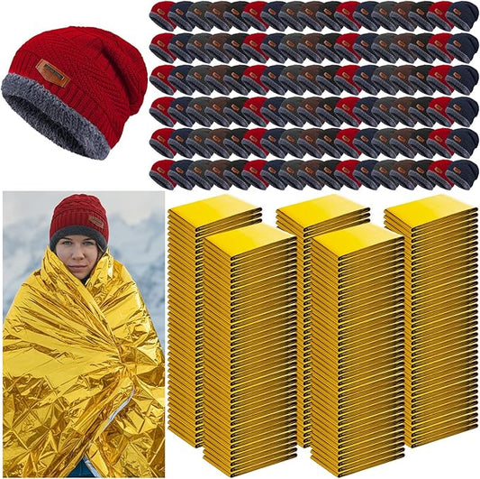 200 Pcs Emergency Blanket Beanie Hat Bulk Homeless Package Care Supplies Survival Kit for Cold Weather Outdoor Camping Hiking (Stylish)