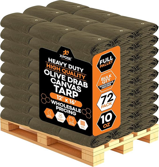 Xpose Safety 10oz Olive Drab Canvas Tarps 12' x 16' – Bulk Full Pallet (72 Packs) – Multipurpose Heavy Duty Water-Resistant Tarpaulin with Brass Grommets for Camping, Canopy & Equipment Protection
