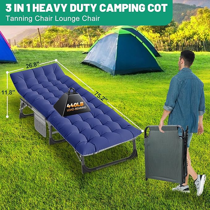 ABORON Patio Lounge Chair, Folding Guest Bed Cot for Adults, 500LB Heavy-Duty Capacity, Portable Extra Bed with Comfort Mat, Quick Fold Design for Indoor Guest Stays & Temporary Use