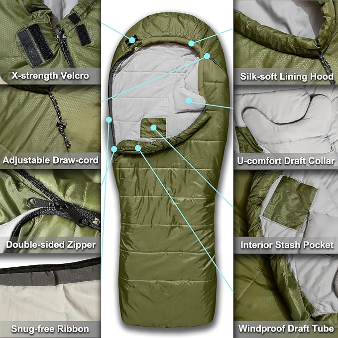0 Degree Mummy Sleeping Bags for Adults Camping | XXL Big and Tall 3-4 Season Warm Cool | Cold Weather Winter Sleeping Bag w. Compression Sack Youth | Side Sleeper Friendly