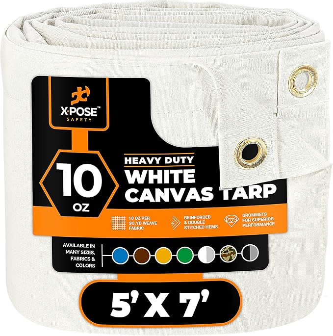 Xpose Safety Canvas Tarp - 10oz White Canvas Tarps Heavy Duty Water Resistant with Brass Grommets- Multipurpose Outdoor Tarpaulin for Camping, Canopy, Trailer, Equipment Cover 5' x 7'