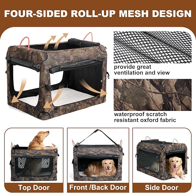 KOOPRO 32 Inch Collapsible Dog Crate, Portable Soft-Sided Dog Travel Carrier Camouflage Style Pet Kennel 4-Door with Durable Mesh Windows, Washable Mat, Indoor & Outdoor for Small Medium Large Dogs