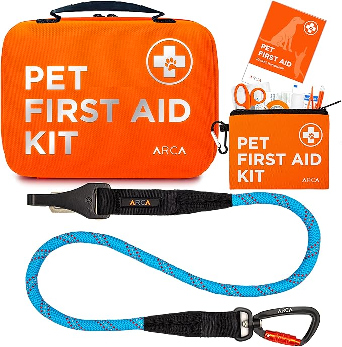 Dog Travel Safety Bundle – Pet First Aid Kit & Car Seat Belt for Safe Adventures, Camping, Hiking, and Road Trips (Trail Blue 360°)