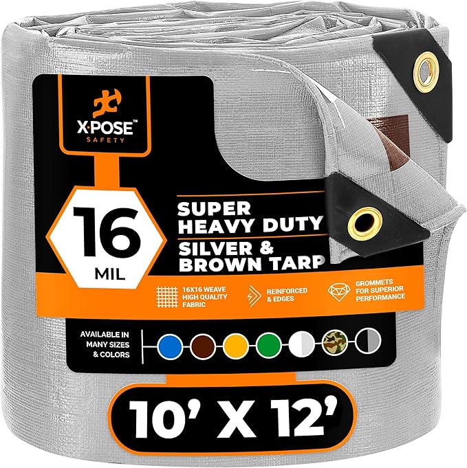 10' x 12' Super Heavy Duty 16 Mil Silver/Brown Poly Tarp Cover - Thick Waterproof, UV Resistant, Rip and Tear Proof Tarpaulin with Grommets and Reinforced Edges - by Xpose Safety