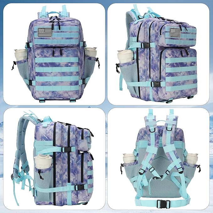 45L Tactical Assault Backpack 3 day assault pack with Molle Waterproof backpack Rucksack for Tactical Backpacks (Blue Tie-Dye)