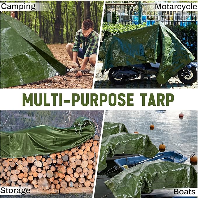 12 Pack 6 x 8 ft 5.5 Mil Large Tarps Heavy Duty Waterproof Tarp Multi Purpose Tent Cover for Home Boats Cars Camping Patio Furniture Roof Emergency Rain Protective Cover, Army Green