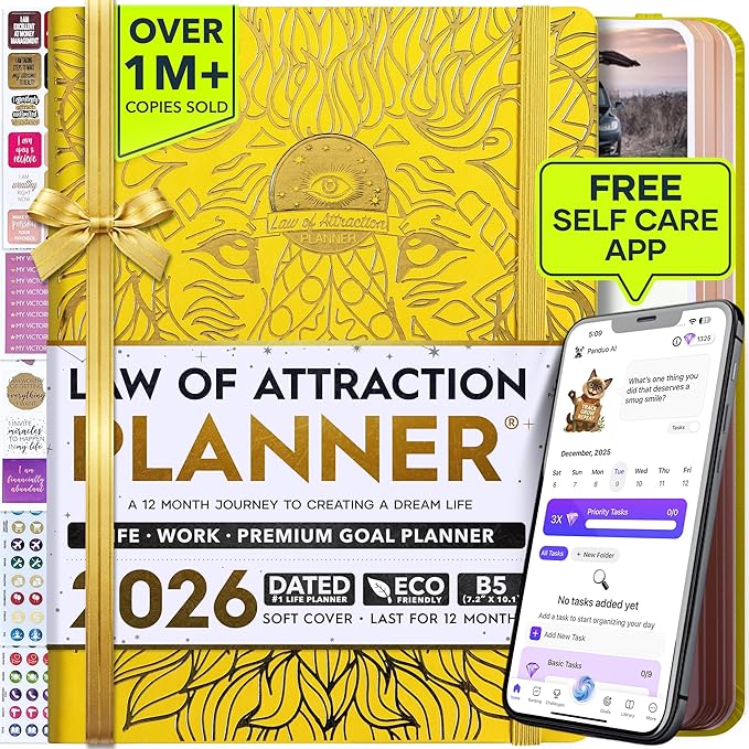 Deluxe 2026 Planner Weekly and Monthly | Law of Attraction Planner with Productivity App | 12-Month for Productivity, Gratitude & Goal Setting | Includes Foldable Vision Board, Gift Box & Stickers