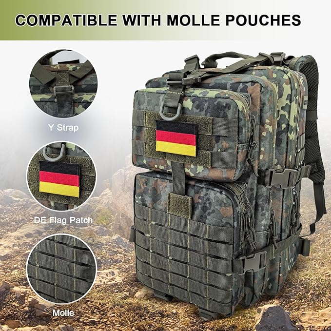 MOLLE Assault Backpack, Tactical Backpack Military Army Camping Rucksack, 3-Day Pack Trip w/USA Flag Patch, D-Rings, Flecktarn