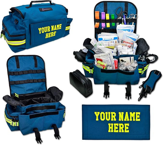 Lightning X Personalized First Responder EMT EMS Trauma Bag w/Stocked First Aid Fill Kit B & Custom Embroidered Name Patch (Blue)