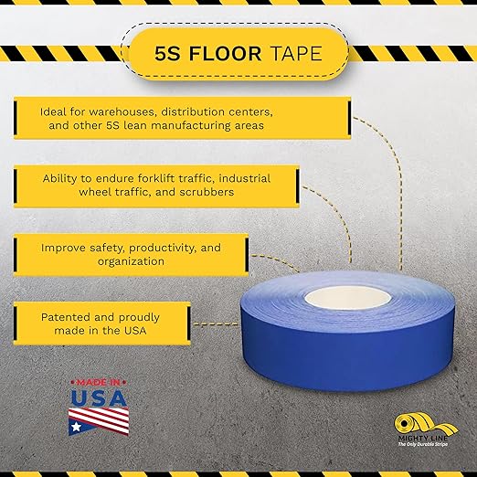 Mighty Line UltraLine Solid Floor Marking Tape for Safety, Caution, Warning, Heavy-Duty, Peel and Stick Adhesive, Beveled Edge Design, Industrial Quality, 2 Inch, 100' Roll, Blue