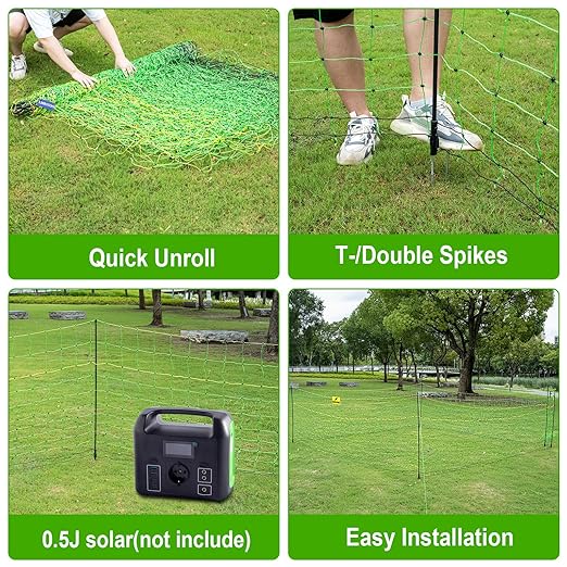 Electric Fence Netting,Livestock Neting,49.6" x 164' Portable Electric Net Fence for Goats,Sheep, Lambs,Hogs in Backyards,Farms,Ranches,Homesteads and Gardens,(14 Posts, 2 Spikes,Green)