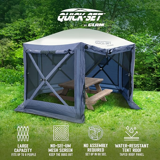 CLAM 12.5 x 12.5 Feet Quick-Set Pavilion Portable Outdoor Canopy Shelter, Slate Blue – Pop-Up Gazebo Camping Tent with Wind Panels and Bug Mesh Screen