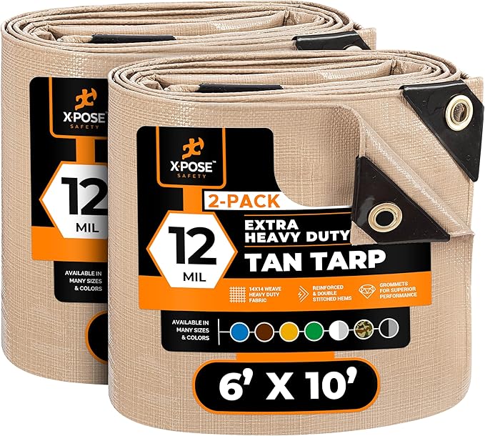Heavy Duty Tan Poly Tarp 6' X 10' (2-Pack) - Multipurpose Protective Cover - Durable, Waterproof, Weather Proof, Rip and Tear Resistant - Extra Thick 12 Mil Polyethylene - by Xpose Safety