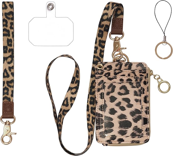 2-in-1 ID Badge Holder & Lanyard Wallet - Multi-Use Womens Small Wallet with Removable Wristlet & Neck Lanyard, Clear Window, 5 Card Slots, Phone Holder, Ring Keychain - Leopard
