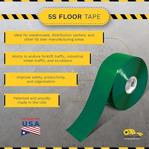Mighty Line Solid Floor Marking Tape for Safety, Caution, Warning, Heavy-Duty, Peel and Stick Adhesive, Beveled Edge Design, Industrial Quality, 4 inch, 100' Roll, Green