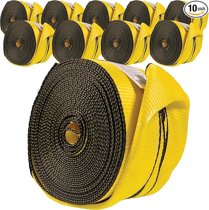 US Cargo Control 4" x 30' Winch Straps with Twisted Sewn Loops (10-Pack), 5,400 LBS Working Load Limit, Heavy Duty Flatbed Tie Downs, Yellow 4 Inch Straps for Flatbed Trailers and Trucks