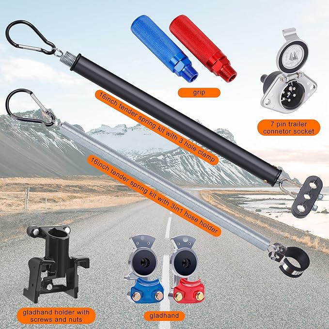 15FT Air Line Hose Kits, 3 in 1 Air Line for Truck Tractor Trailer, Semi AirLine Assembly with Gladhand, Gladhand Holder, Extension Handles, 16IN Tender Spring Kit, 7 Way Trailer Connect Socket