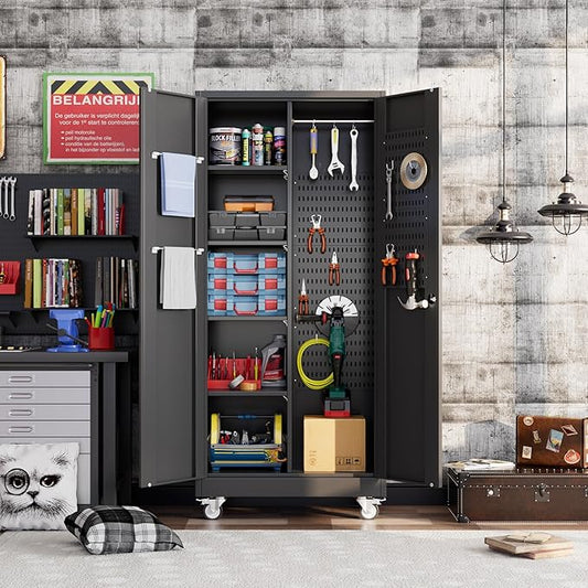 Garage Storage Cabinet with Wheels, Broom Closet Storage Cabinet with Pegboards and Adjustable Shelves, Metal Tool Cabinet with Lockable Door for Garage Home, Black