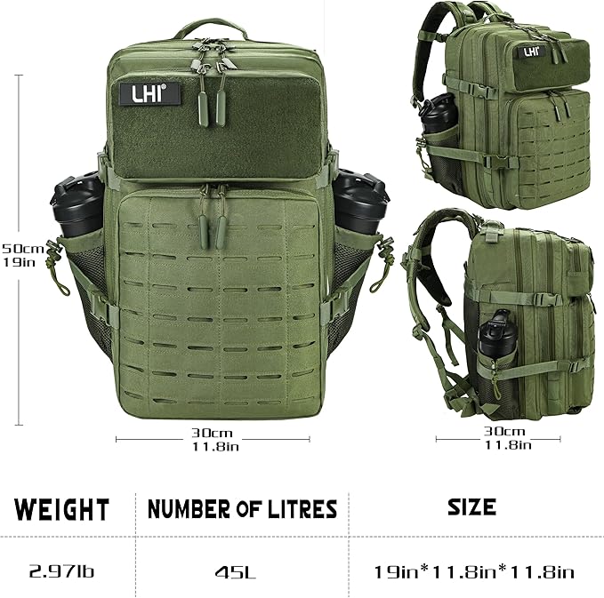 LHI Tactical Military Backpack for Men 25L/45L Large Molle Army Assault Pack 3 Day Hiking Rucksack With Bottle Holder