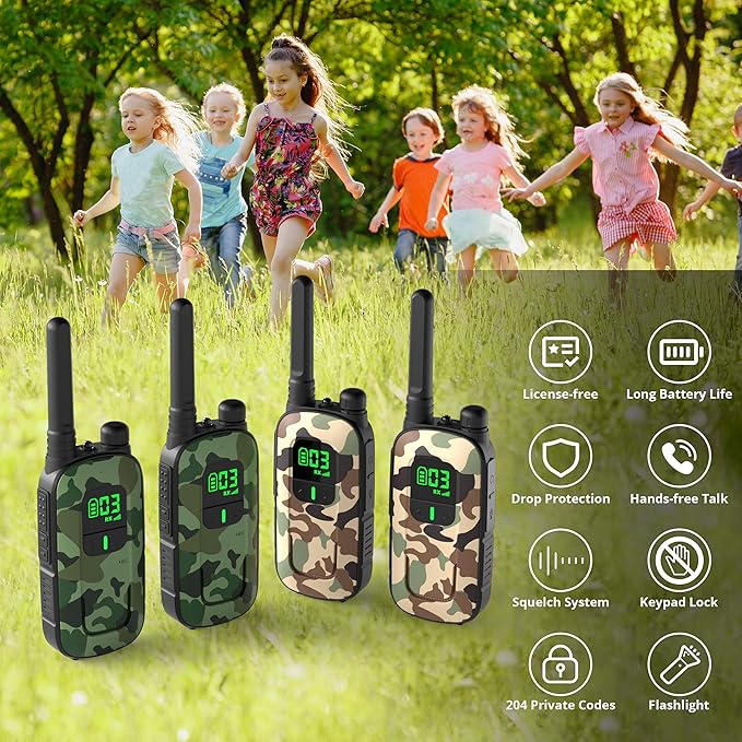 Radioddity FS-T3 Walkie Talkies for Adults Kids Long Range 4 Pack Rechargeable Walky Talky FRS Two Way Radio, 22 Channels USB Charging with Flashlight Earpiece for Camping (Desert Camo & Green Camo)