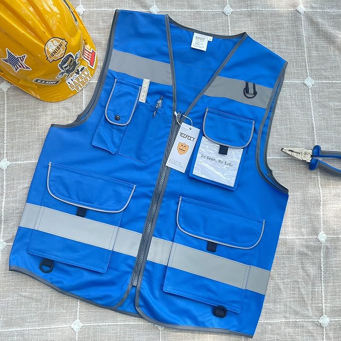 TCCFCCT Blue Safety Vest for Men Women 9 Pockets High Visibility Reflective Vest for Safety, Work Vest with Reflective Strips, Meets ANSI/ISEA Standards, Large