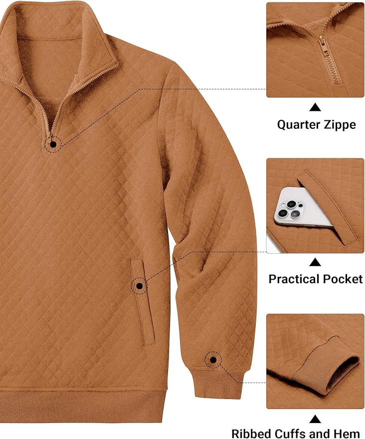 COOFANDY Mens Quarter Zip Pullover Quilted Sweatshirt Knit Long Sleeve Mock Neck Sweater Polo with Pocket