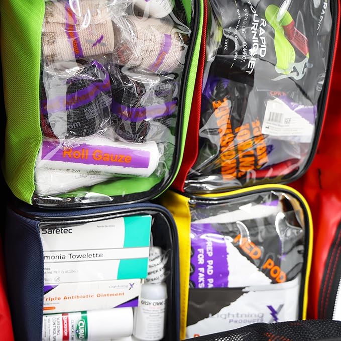 Lightning X Fully Stocked TacMed First Responder Trauma Medical Backpack EMT Kit | MB45-SKF | w/Professional First Aid Emergency Supplies (Red)