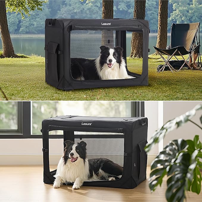 Lesure Collapsible Dog Crate - Portable Travel Kennel for Large Dog, 4-Door Pet Crate with Mesh Windows, Indoor & Outdoor, Black