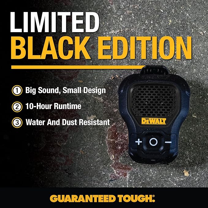 DEWALT Wearable Bluetooth Speaker [Onyx Edition - Black] Clip-On Wireless Jobsite Pro Water-Resistant Portable Speaker (Non- Magnetic), Mic for Hands-Free Music/Calls, Mini Speakers Bluetooth Wireless