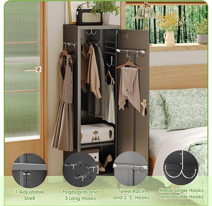 1 Door Metal Storage Lockers with Handle and Hanging Rod,Metal Locker for Employees with Pegboard and Hooks for Home,Office,Gym, School, Garage,Assembly Required,Black