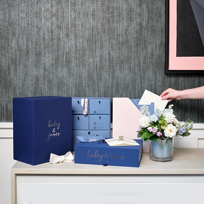 Savor | Deluxe Wedding Keepsake Box with 52 Labels, 6 Drawers, and 8 Vertical Files | Acid-Free Memory Organizer for Wedding Day, Bridal Shower & Anniversary (Blue, No Customization)
