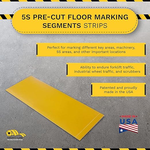 Mighty Line Floor Marking Tape Strips for Safety, Caution, Warning, Heavy-Duty, Peel and Stick, Adhesive, Industrial Quality, Yellow, 2" by 10"