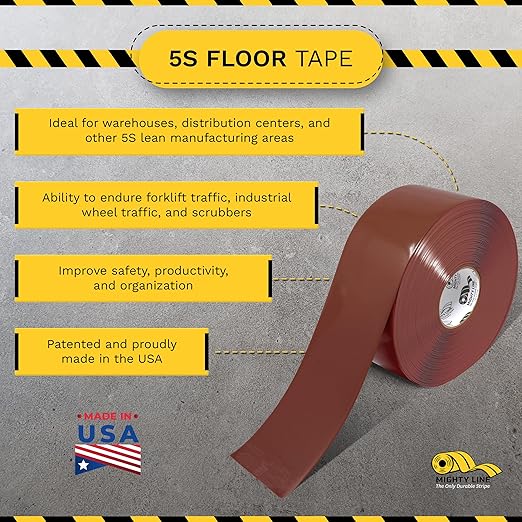 Mighty Line Solid Floor Marking Tape for Safety, Caution, Warning, Heavy-Duty, Peel and Stick Adhesive, Beveled Edge Design, Industrial Quality, 4 inch, 100' Roll, Brown