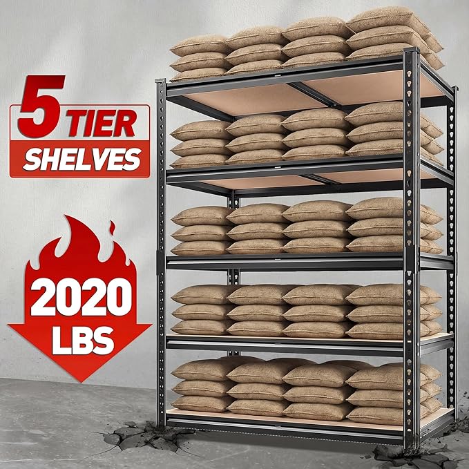 REIBII 2020LBS Storage Shelves 5 Tier Garage Shelving Heavy Duty, Adjustable Metal Shelving, Garage Shelves for Basement, Warehouse, Pantry, Closet, Kitchen 72" H x 35.55" W x 16" D, Black, 4 Pack