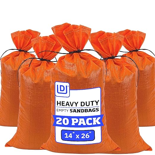 DURASACK Heavy Duty Sand Bags with Tie Strings Empty Woven Polypropylene Sand-Bags for Flood Control with 1600 Hours of UV Protection, 50 lbs Capacity, 14x26 inches, Orange, Pack of 20