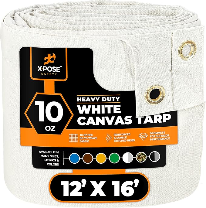 Xpose Safety Canvas Tarp - 10oz White Canvas Tarps Heavy Duty Water Resistant with Brass Grommets- Multipurpose Outdoor Tarpaulin for Camping, Canopy, Trailer, Equipment Cover 12' x 16'