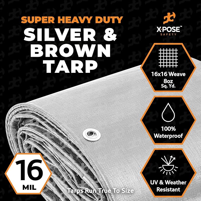 4' x 20' Super Heavy Duty 16 Mil Silver/Brown Poly Tarp Cover - Thick Waterproof, UV Resistant, Rip and Tear Proof Tarpaulin with Grommets and Reinforced Edges - by Xpose Safety