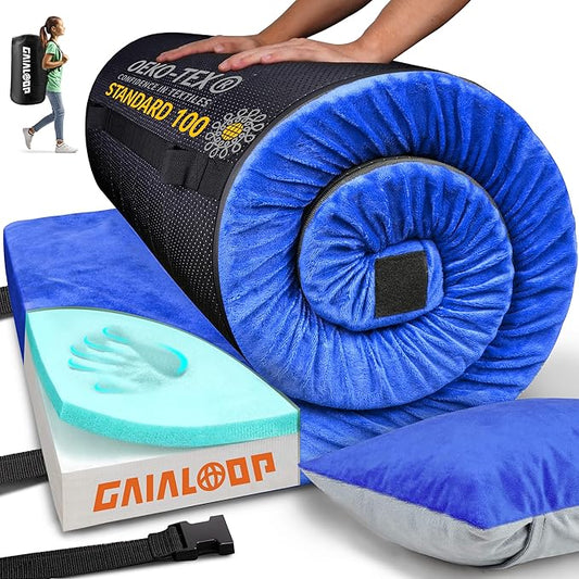 3 Inch Memory Foam Camping Mattress, Dual Layer Thick Sleeping Camp Pad for Car Tent Cot, Roll-Up Portable Glamping Floor Bed for Guests Sleepover