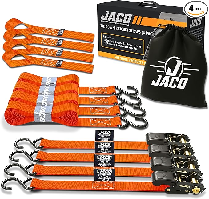 JACO Ratchet Tie Down Straps - 1 inch x 15 ft (Pack of 4) | 1,823 lbs (Orange)