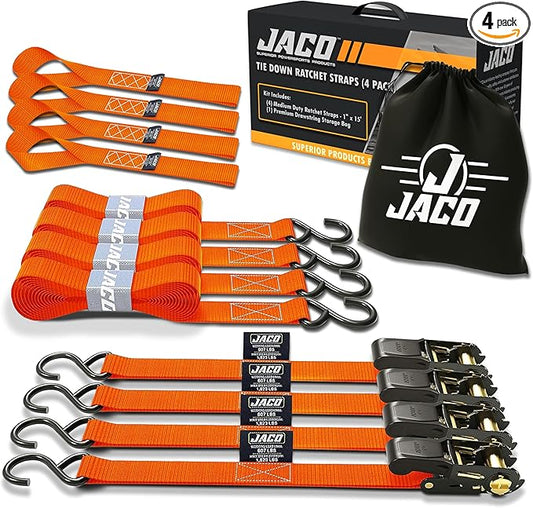 JACO Ratchet Tie Down Straps - 1 inch x 15 ft (Pack of 4) | 1,823 lbs (Orange)