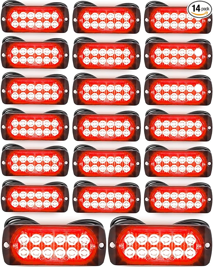 Leelosp 14 Pcs 12 LED Strobe Lights for Tow Trucks Construction Vehicles Surface Mount Emergency Hazard Beacon Safety Warning Lamps Flashing 12-24V Grille Head for Car Accessories (Red)