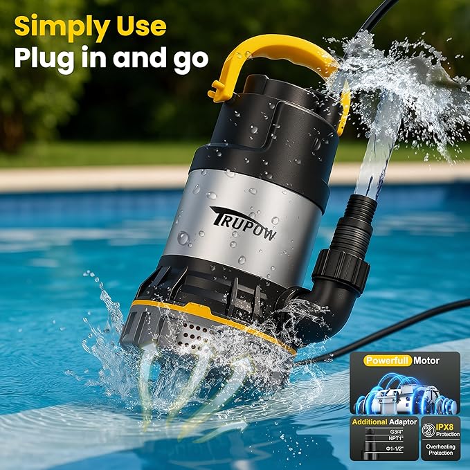 1 HP Sump Pump 4000 GPH Clean/Dirty Stainless Steel Submersible Water Pump Portable Electric Utility Pump for Swimming Pool Garden Basement Tub Pond Draining