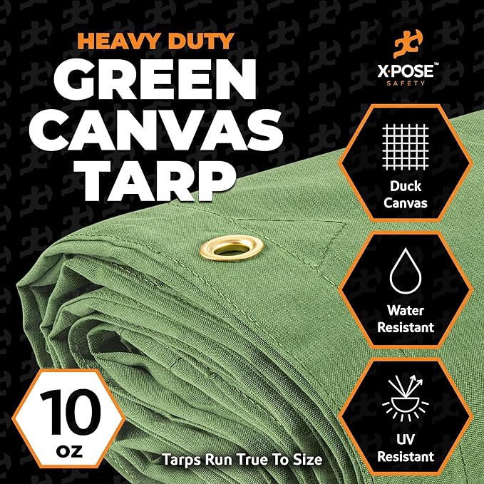 Xpose Safety 10oz Green Canvas Tarps 20' x 30' – Bulk Half Pallet (15 Packs) – Multipurpose Heavy Duty Water-Resistant Tarpaulin with Brass Grommets for Camping, Canopy & Equipment Protection