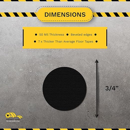Mighty Line 3/4" Solid Dot Shaped Floor Marking Tape for Safety, Caution, Warning, Heavy-Duty, Peel and Stick, Adhesive Circle Spots, Industrial Quality, Black, Pack of 200