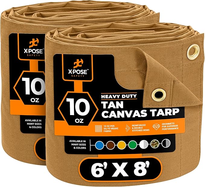 Xpose Safety Canvas Tarp - 10oz Tan Canvas Tarps Heavy Duty Water Resistant with Brass Grommets- Multipurpose Outdoor Tarpaulin for Camping, Canopy, Trailer, Equipment Cover 6' x 8' (2 Pack)