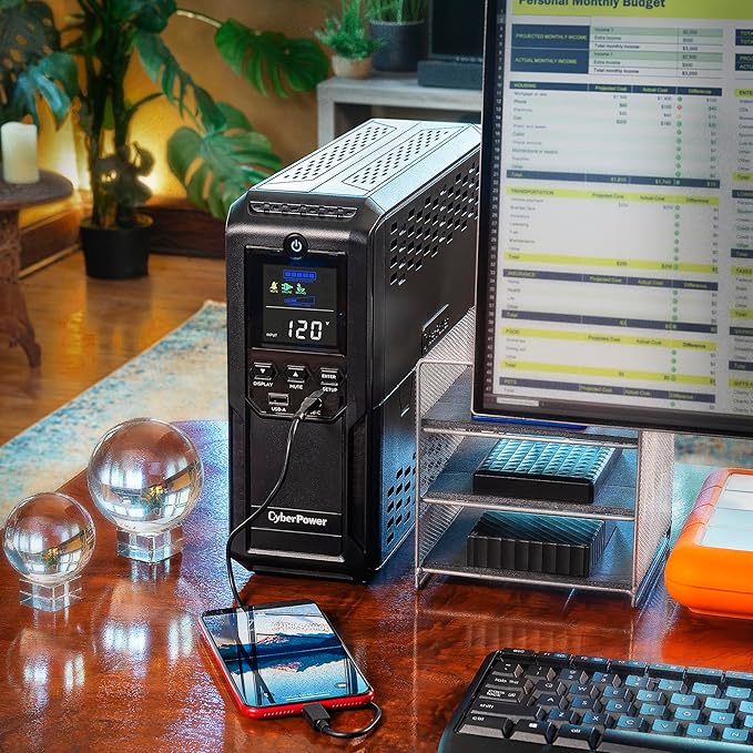 CyberPower CP1350AVRLCD3 Intelligent LCD UPS System, 1350VA/815W, 12 Outlets, 2 USB Ports, AVR, Mini Tower, Black
