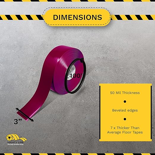Mighty Line Solid Floor Marking Tape for Safety, Caution, Warning, Heavy-Duty, Peel and Stick Adhesive, Beveled Edge Design, Industrial Quality, 3 inch, 100' Roll, Purple