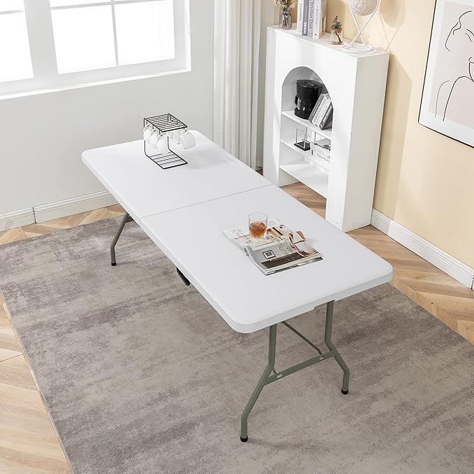 BTEXPERT Set of 10, Fold-in-Half Folding Utility Table 6 Feet 72" x 29.5" Lightweight Portable Carrying Handle Indoor Outdoor Picnic Camping Office Home Party Wedding Event White