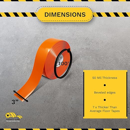 Mighty Line Solid Floor Marking Tape for Safety, Caution, Warning, Heavy-Duty, Peel and Stick Adhesive, Beveled Edge Design, Industrial Quality, 3 inch, 100' Roll, Orange