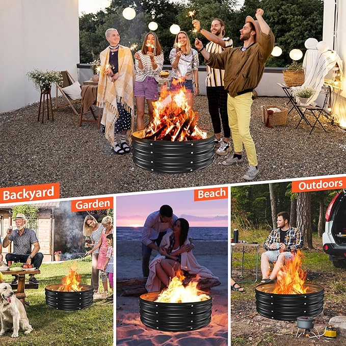 36 Inch Round Galvanized Fire Pit Ring/Fire Ring - Foldable and Perfect for Outdoor Gatherings and Campfires in The Yard/Garden/Park/Beach (Black+Gray, 3 FT Diameter+1 FT Tall)
